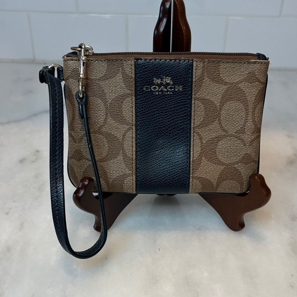 Coach Wristlet Bag Signature Logo Coated Canvas Stripe Wristlet Wallet Pouch